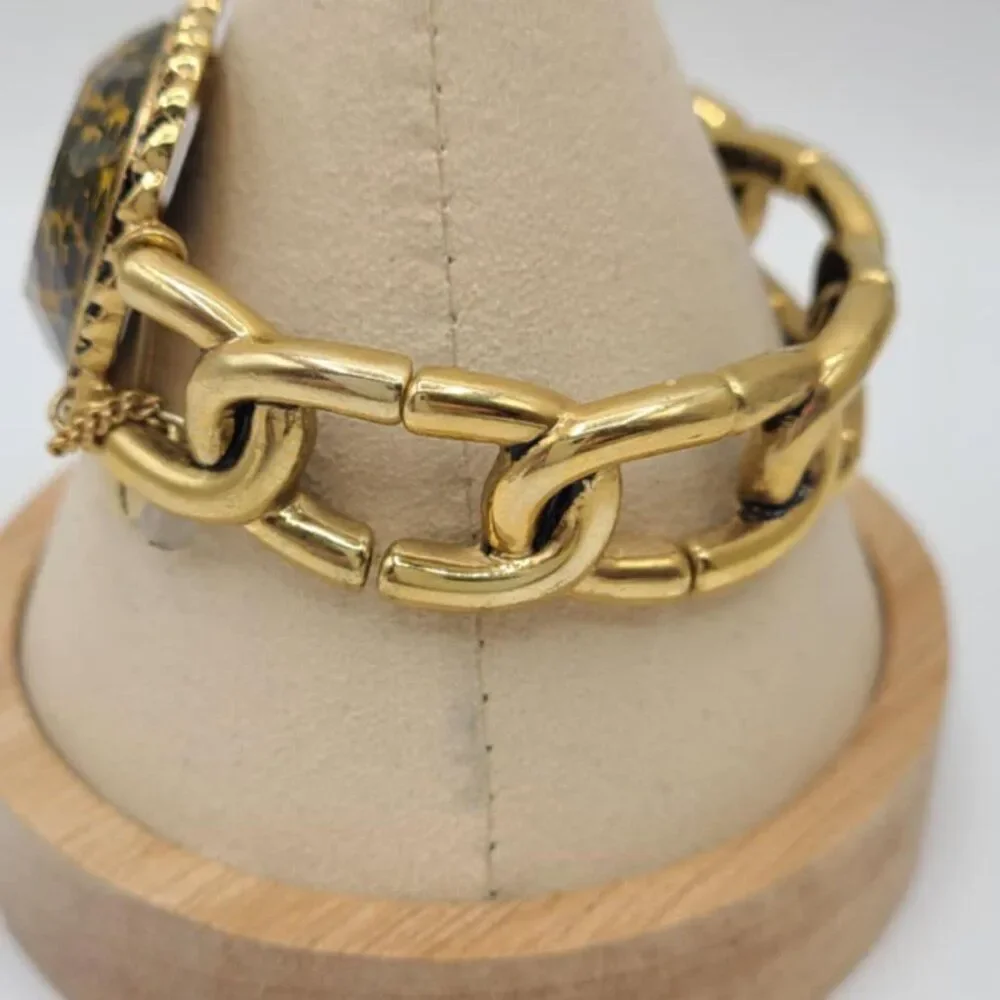 Betsey Johnson Gold Tone Link Stretchy Bracelet with Leopard Hearrt